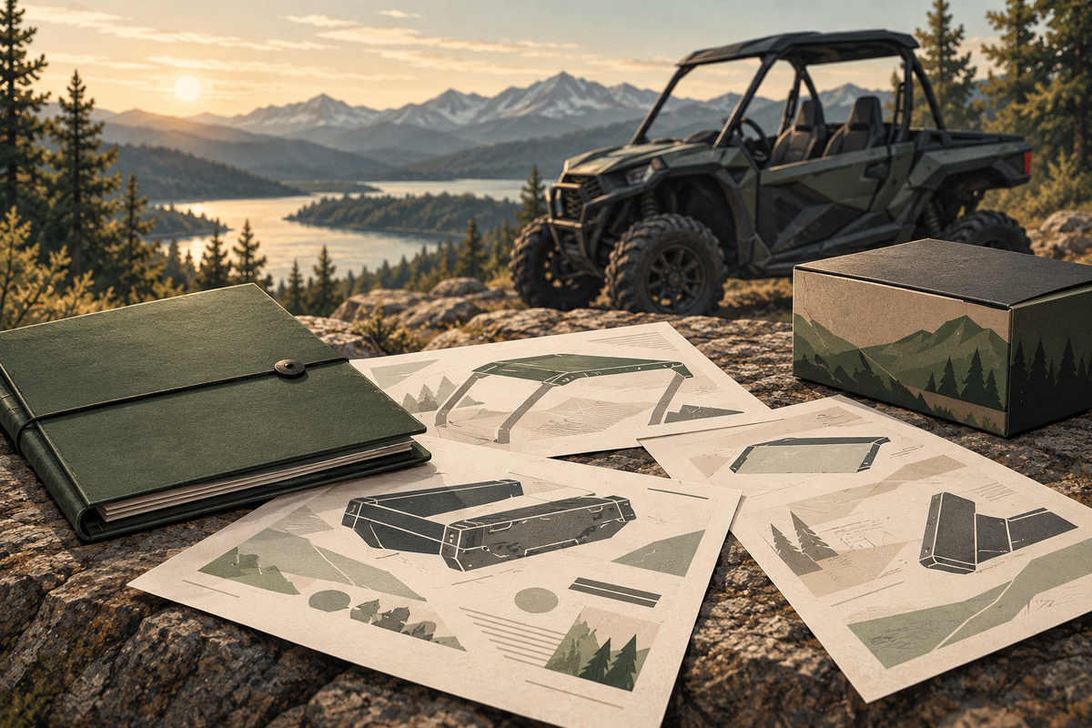 Conceptual illustration of accessory instruction sheets, a folder and a box beside a parked generic UTV.