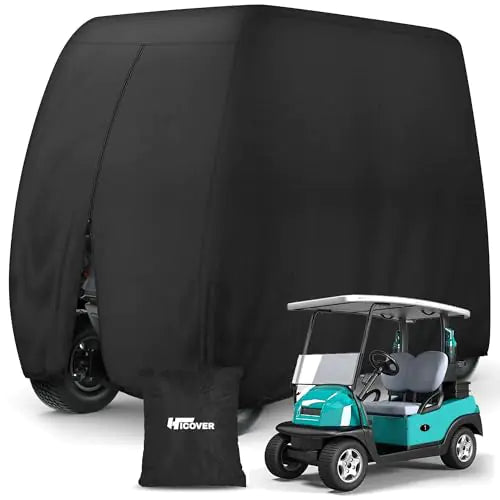 Heavy Duty Golf Cart Cover 4 Passenger Hicover 420D Waterproof Golf Cart Cover Extended Roof Universal Fits for Most Brand 4/2+2/2 Passengers Yamaha Honda Club Car EZGO Golf Cart (Up to 112 Inch)