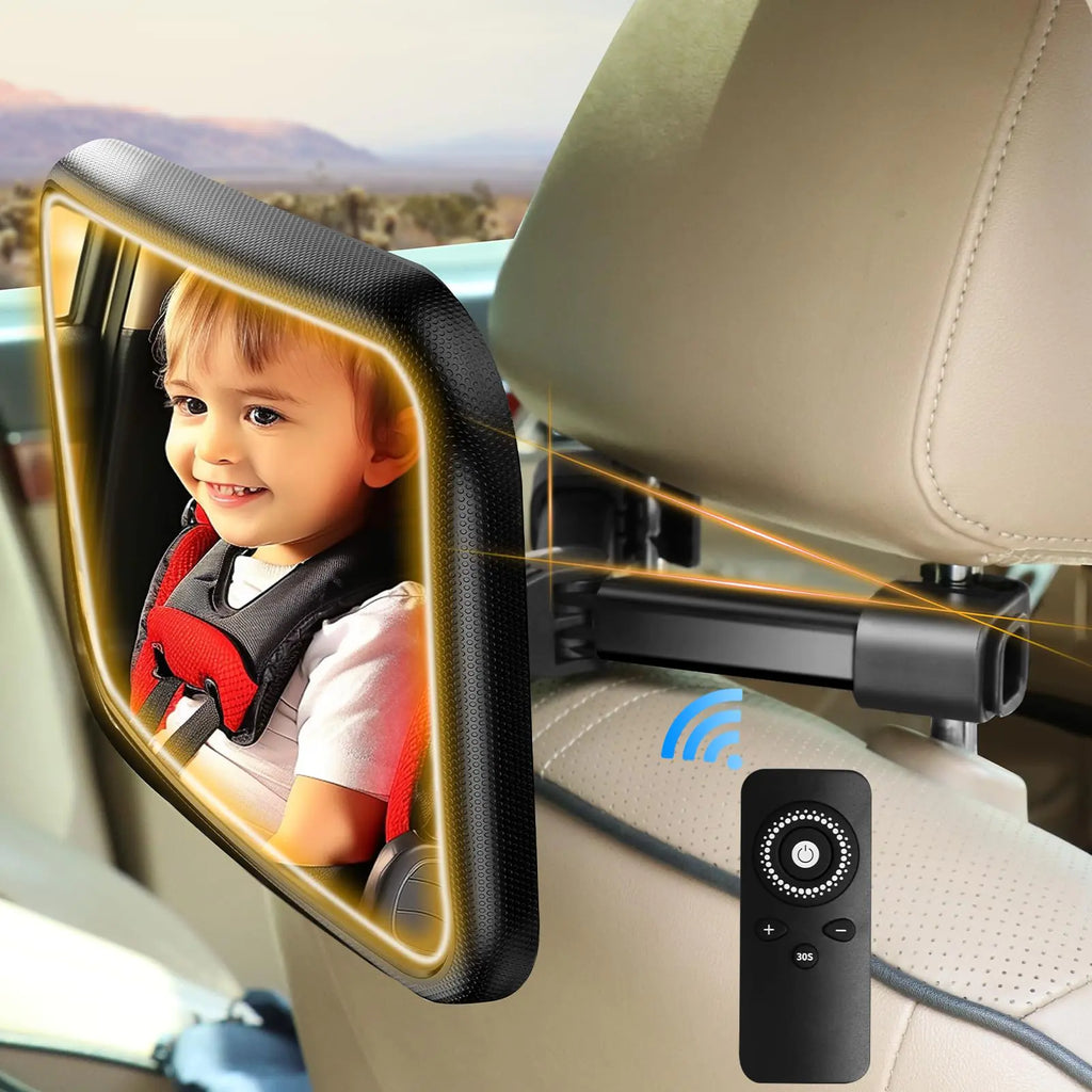 Baby Car Mirror Rear Facing - Shatterproof Large Auto Mirrors with Light for Viewing Infant Safety in Back Seat 360° Adjustable Clip On Mirror with Wide Angle