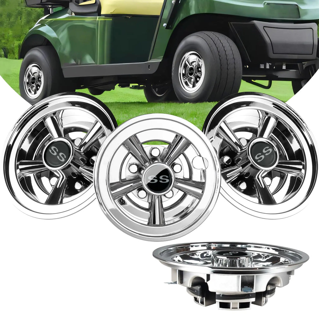 Golf Cart SS Wheel Covers Hub Caps for EZGO Club Car Yamaha - 8 Inch Snap-on Installation Chrome Set of 4
