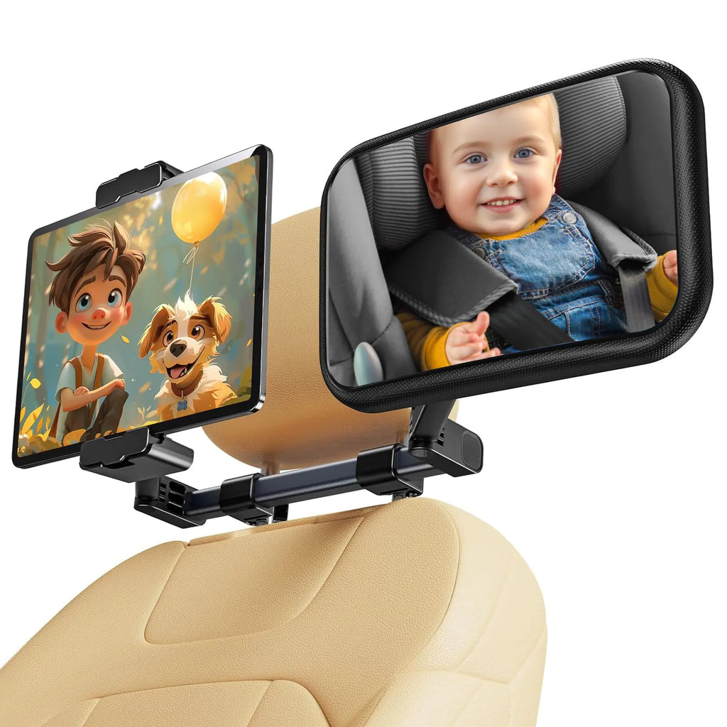 Qloztyse Baby Car Mirror for Baby Rear Facing - Infant Back Seat Mirrors With Holder and Hooks for Fixed Headrest Safety Large Wide Adjustable Auto Rearview 2 In 1