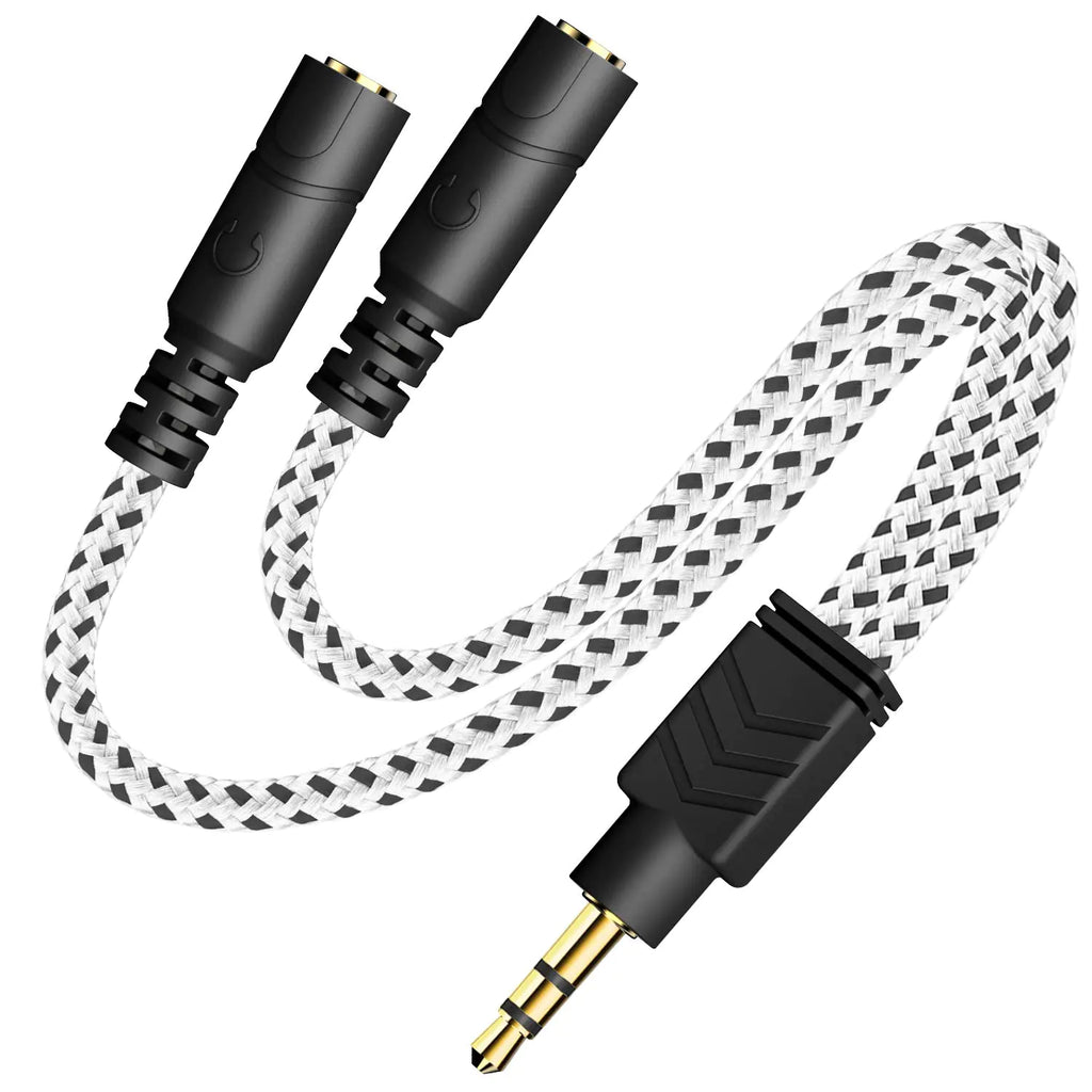 DUKABEL Headphone Splitter Knitted 3.5mm Audio Splitter TRS 3-Pole Aux Splitter Cable for Headphones Earphones Speakers -Zebra White