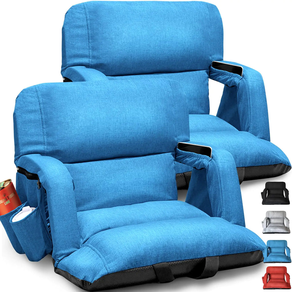 Wide Stadium Seats With Back Support 2 Pack Exclusive "Sofa Style" Design Extra Thick Bleacher Chairs With Back and Cushion 6 Reclining Positions - Ultimate Comfort for Sports Events (Blue 22.5")