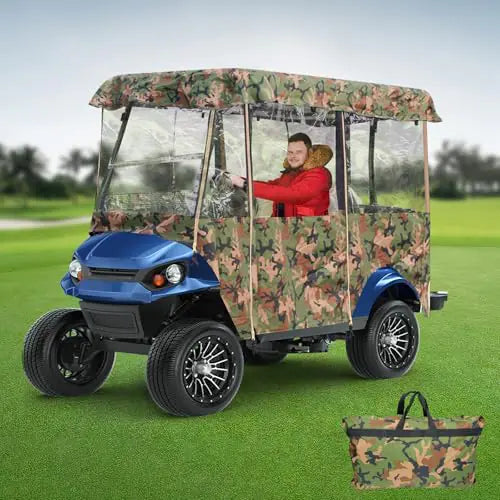 LUPPLE Camo Golf Cart Enclosure 4 Passenger Extended Roof for Club Car EZGO Yamaha Camouflage Universal Four Seat Rain Winter Cover All-Weather Waterproof with Clear Windows Zippered Doors
