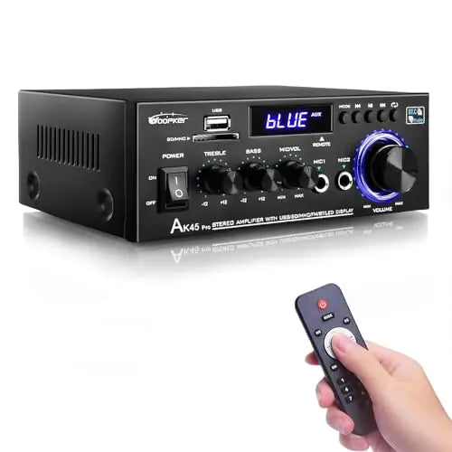 AK45 Pro Stereo Amplifier Home Audio Stereo Receivers with Bluetooth 5.0 Rated Power 50W x2 Max 400W 2.0 Channel Audio Receiver for Home Theater Speakers w/USB/SD/RCA/2 MIC in for Karaok