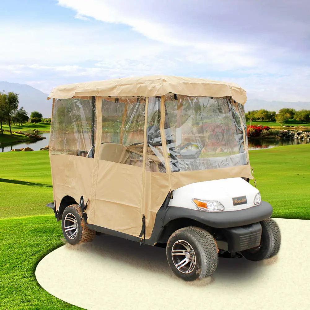Golf Cart Covers 4 passenger 300D High Duty Golf Cart Cover with 6 Zipper 88Length Extended Roof All-Weather 4-Side Transparent PVC Windows For EZGO Yamaha Club Cart with Storage Bag (Khaki)