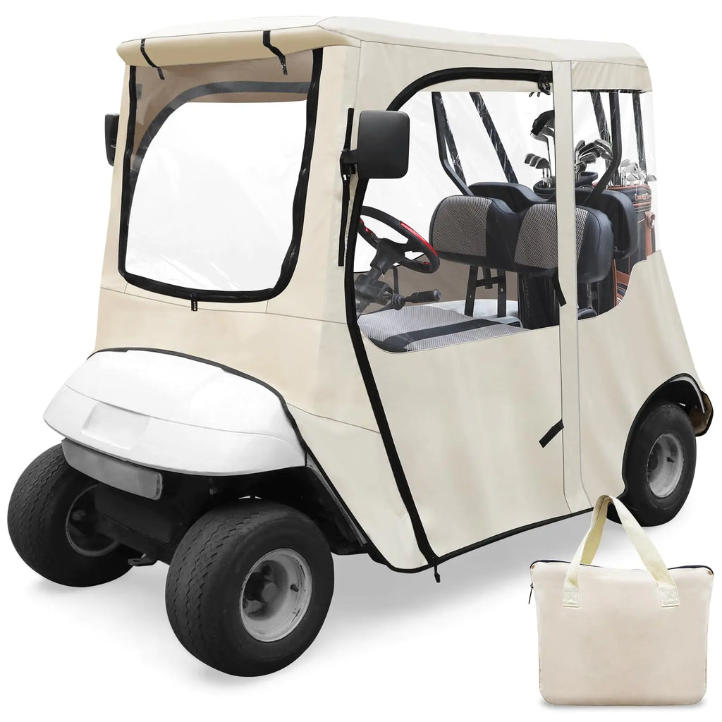 RIZINKART Golf Cart Enclosure Cover for Ezgo TXT 2 Seat 600D with 3 Door Zippers Security Side Mirror Reserved Waterproof Portable Transparent Storage Driving Rain Cover Short Roof