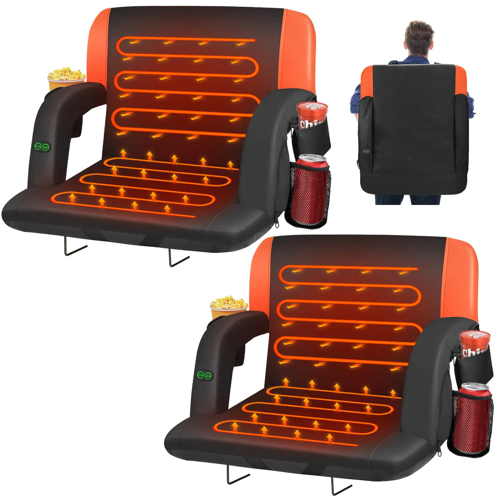 HOPERAN 21" 2pcs Dual-Sided Heated Stadium Seats for Bleachers with Back Support 3 Levels Heating Bleacher Seat with Backs and Cushion Wide 5 Pockets Portable Stadium Chair for Outdoor Games Sports