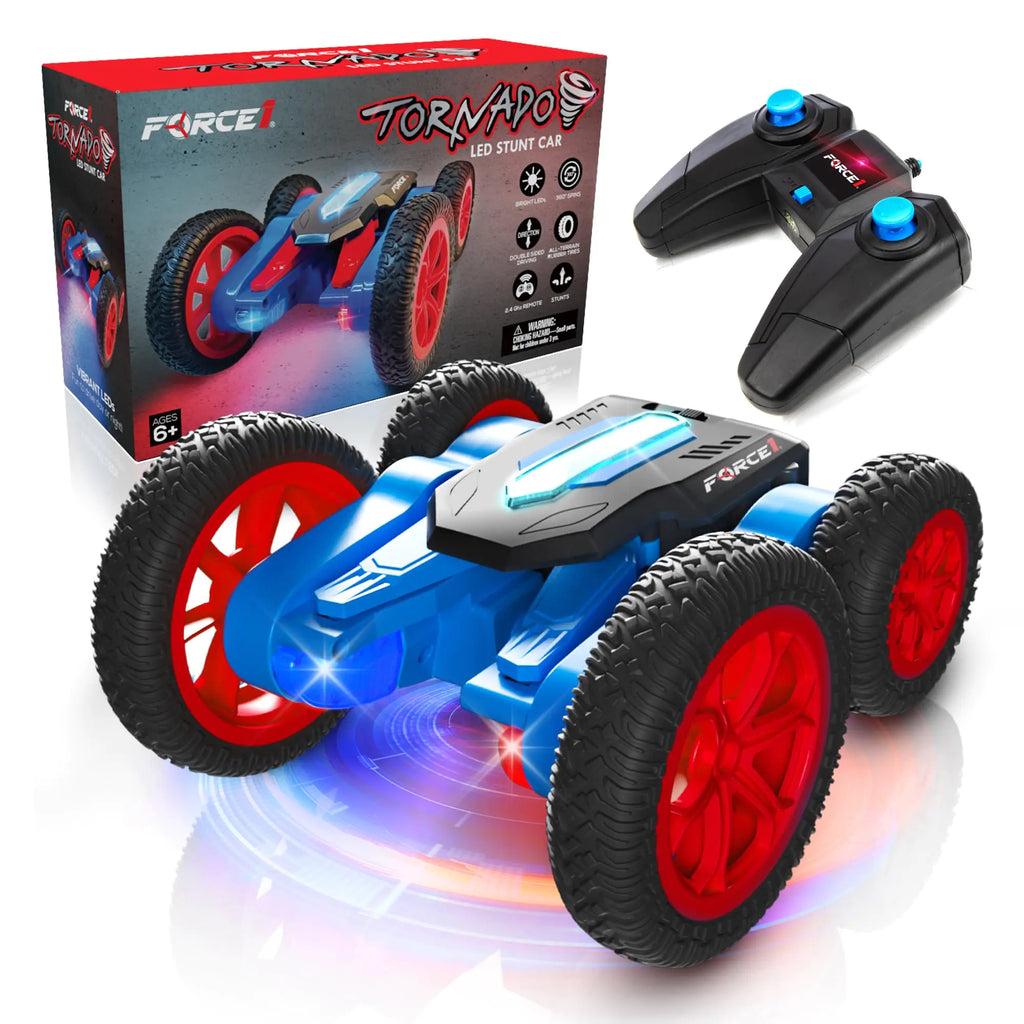 Force1 Tornado Red LED Remote Control Car for Kids - Double Sided Fast RC Car 4WD Off-Road Stunt Car with 360 Flips All Terrain Tires LEDs RC Crawler Rechargeable Toy Car Battery Kids Car Remote