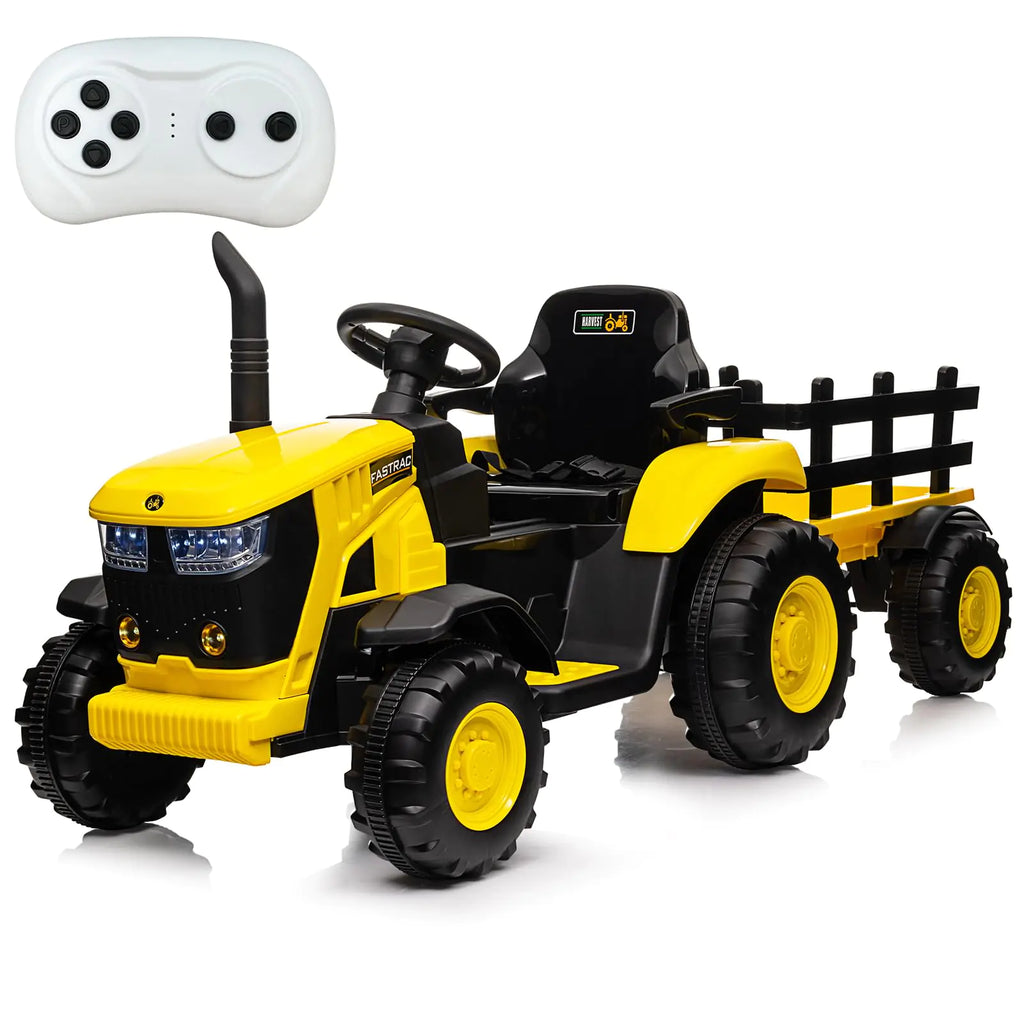 Acekool Kids Ride on Tractor with Remote Control 12V Battery Powered Electric Tractor and 35W Dual Motors for Kids Bluetooth Music/USB Safety Belt 3-Gear-Shift 7-LED Lights Yellow