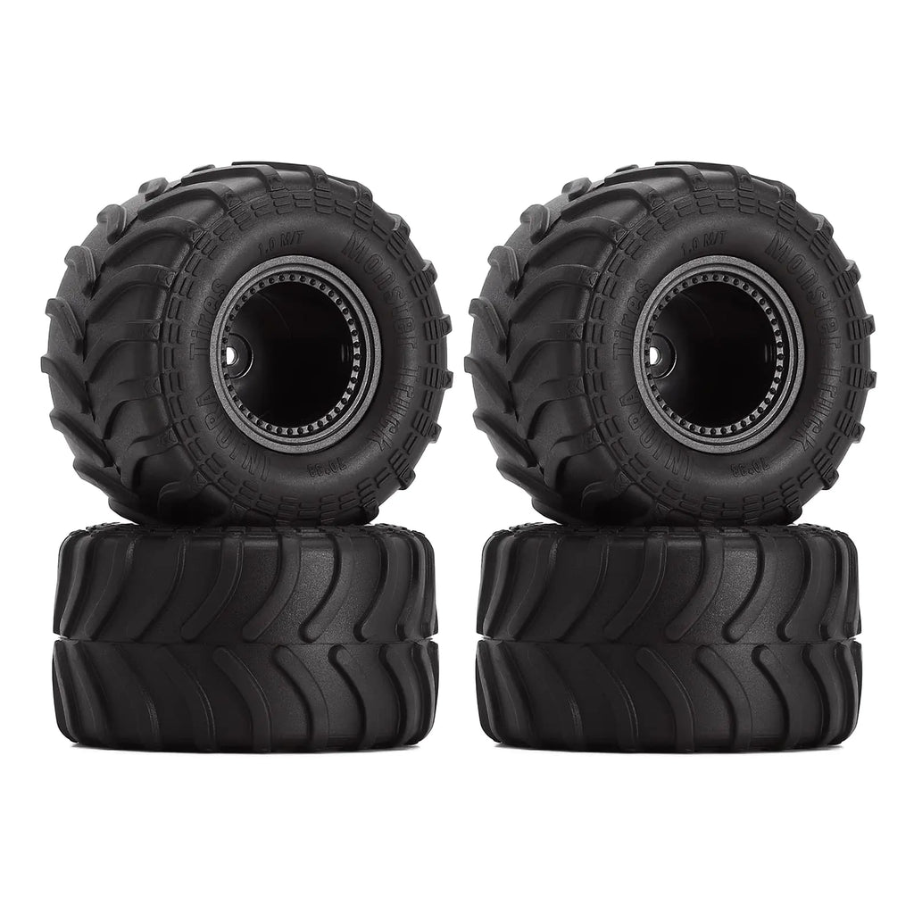 INJORA Monster Truck Wheel Rim Tires Set for Axial SCX24 FMS FCX24 and TRX4MT 70 * 38mm MT1012(Black)