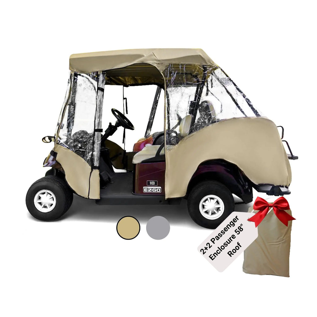 FORMOSA | 2+2 Golf Cart Drivable Enclosure Rain Cover Short Roof 58" EZGO Club Car- Durable YKK Door Zipper - USA Biz (4 Seater Golf Cart Cover) 4-Sided Clear Windows | Taupe