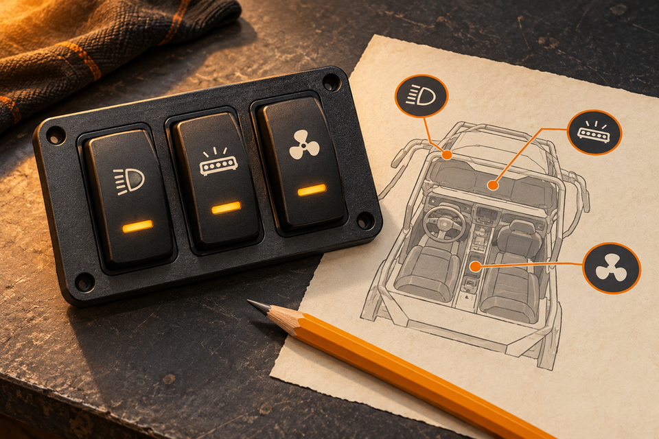 Conceptual rocker-switch panel beside a paper map of accessory controls.