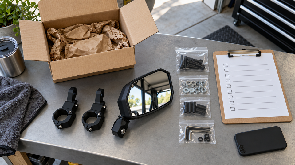 Illustrative UTV accessory shipment with a mirror, separate clamps, bagged hardware and a checklist.