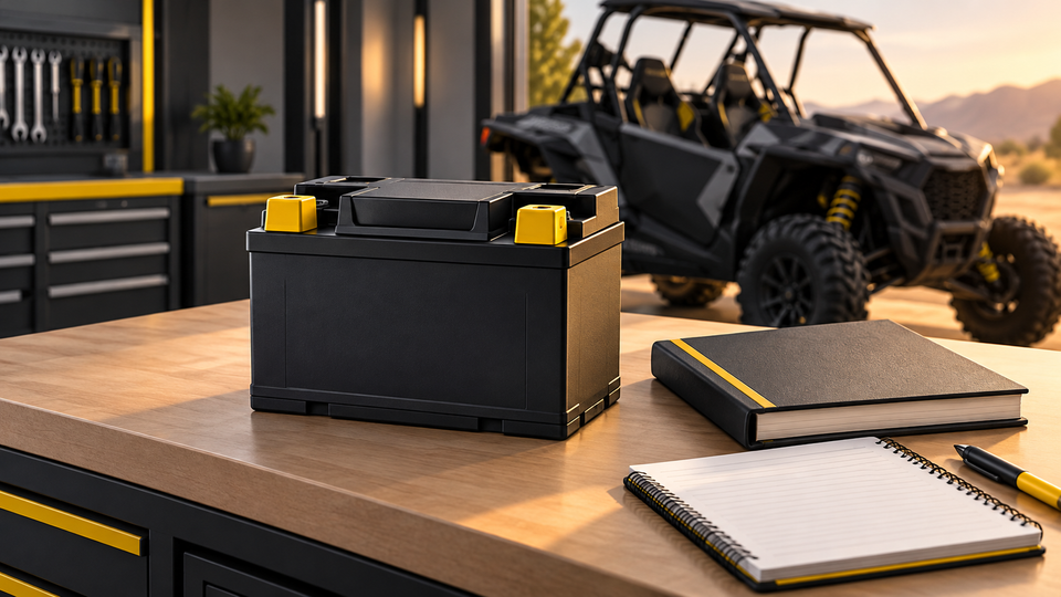Conceptual illustration of a capped powersports battery, manual and blank notebook on a workshop bench beside a parked side-by-side.