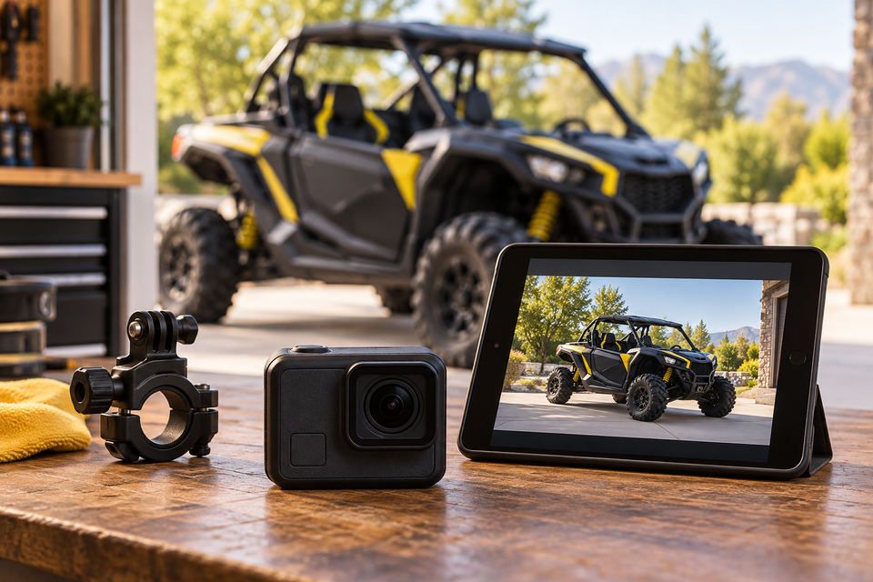 Conceptual action camera and tube clamp beside a tablet preview, with a parked charcoal-and-yellow UTV in the background.