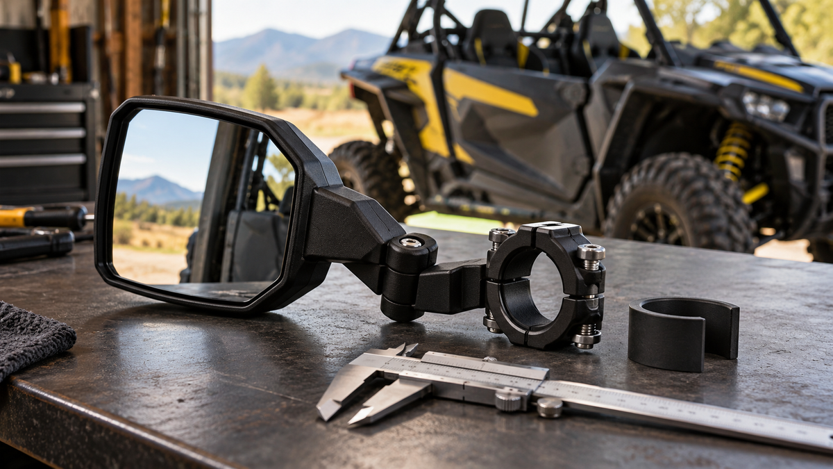 Conceptual black UTV side mirror, round clamp, rubber shim and calipers on a workbench with a parked yellow-and-charcoal side-by-side behind.