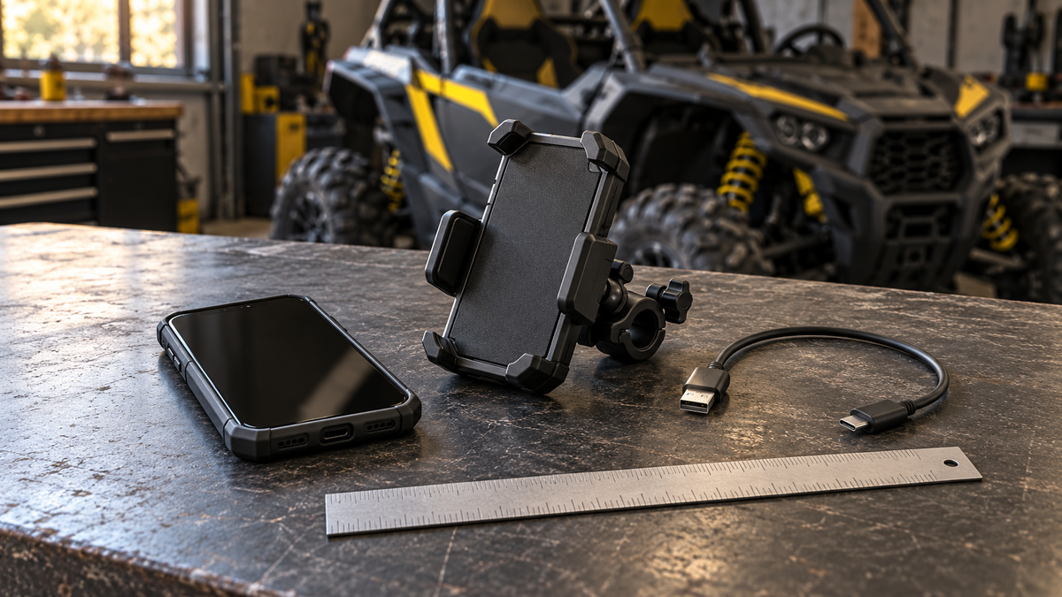 Conceptual phone-mount fit planning: a rugged-cased phone, separate cradle, cable and ruler on a bench before a parked UTV.