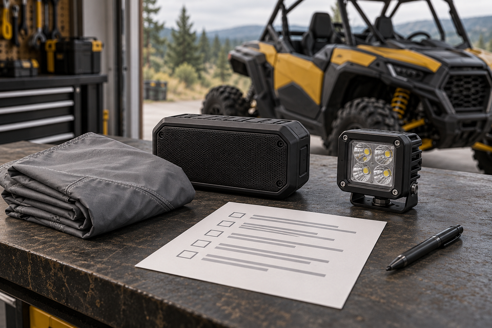 Conceptual speaker, LED pod light, folded cover and specification checklist on a dry bench beside a parked yellow UTV.