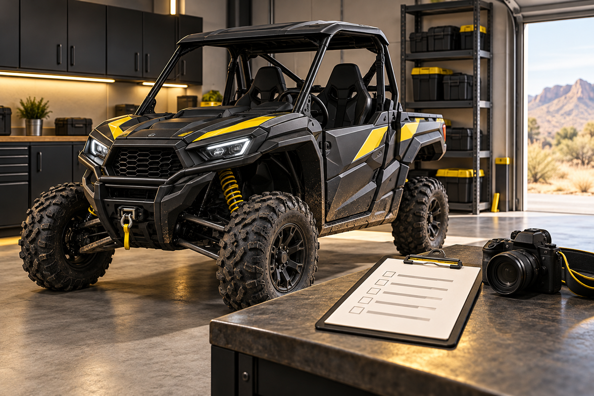 Conceptual parked side-by-side vehicle in a garage beside a camera and condition checklist.