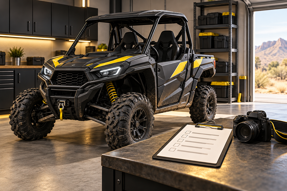 Conceptual parked side-by-side vehicle in a garage beside a camera and condition checklist.
