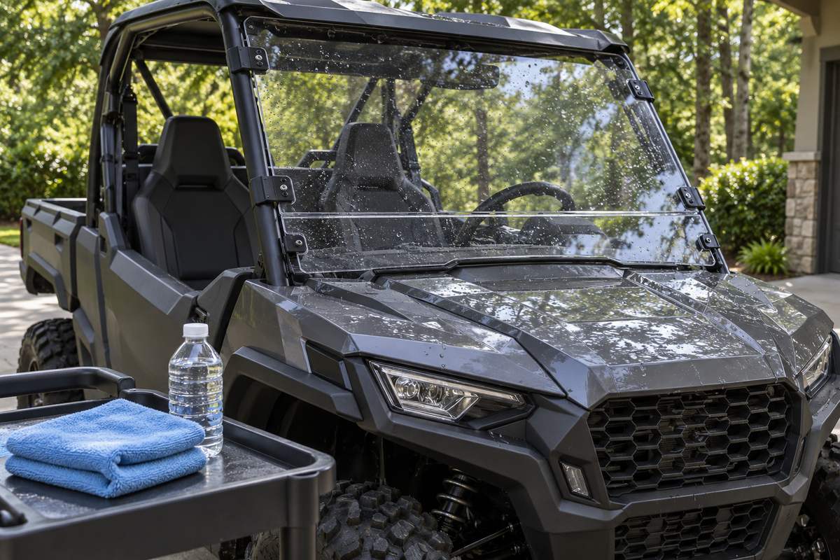 Illustration of a parked UTV with a rinsed windshield and clean microfiber cloths nearby.