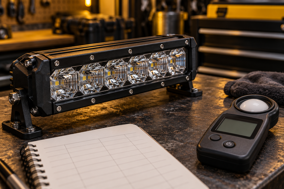 Illustration of an unpowered LED light bar, a light meter and an empty comparison notebook.