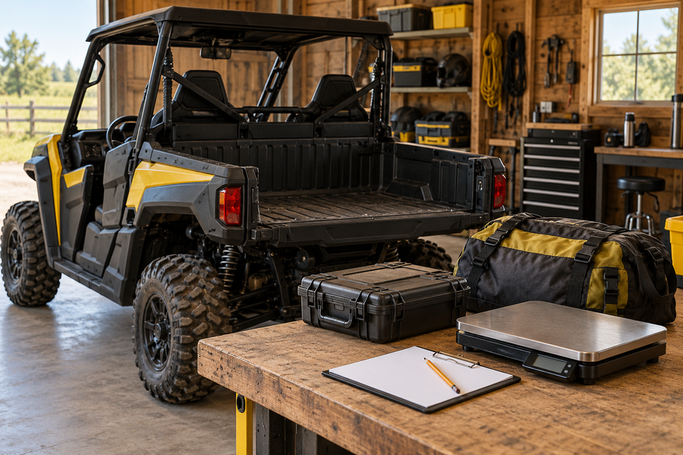 Illustration of a parked utility UTV beside a scale, tool case, gear bag and blank clipboard.