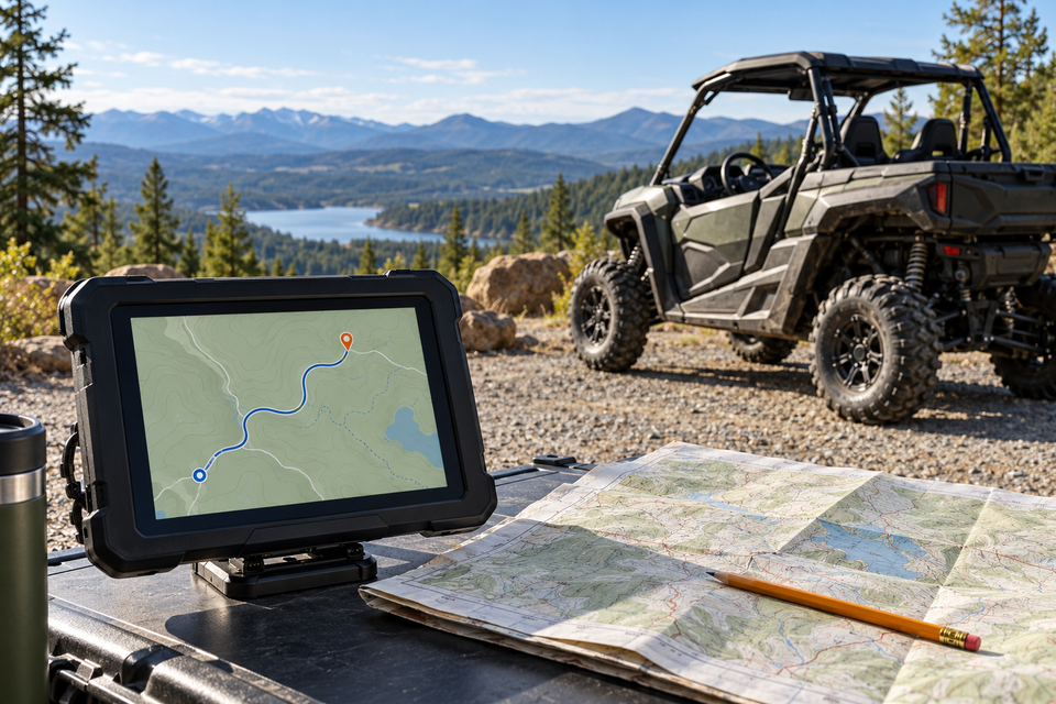 Conceptual illustration of a parked UTV, a navigation screen with an abstract map line, and a paper map.