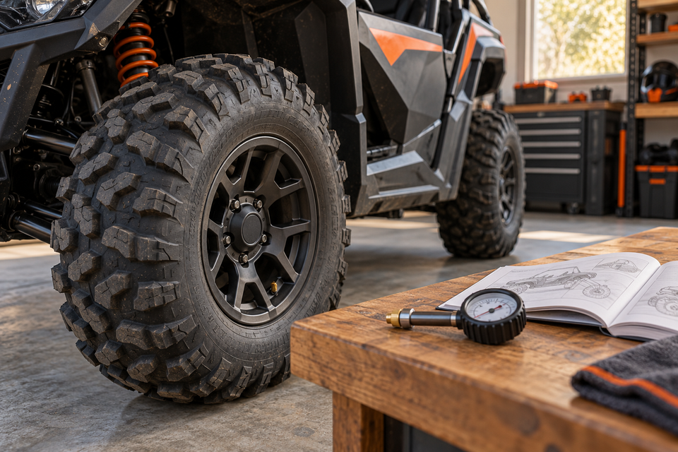 Illustration of a parked UTV tire beside a pressure gauge and vehicle manual.