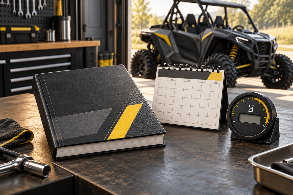 Conceptual owner's handbook, blank calendar and hour-meter dial on a workbench with a parked UTV in the background.