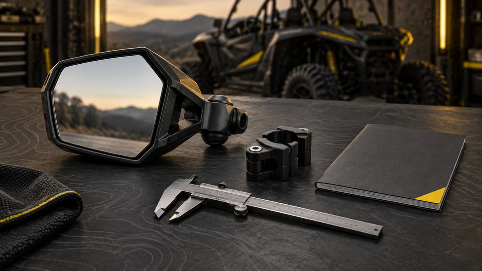 Conceptual illustration of a side mirror, separate clamp, caliper and instruction booklet on a workshop bench, with a parked side-by-side in the background.