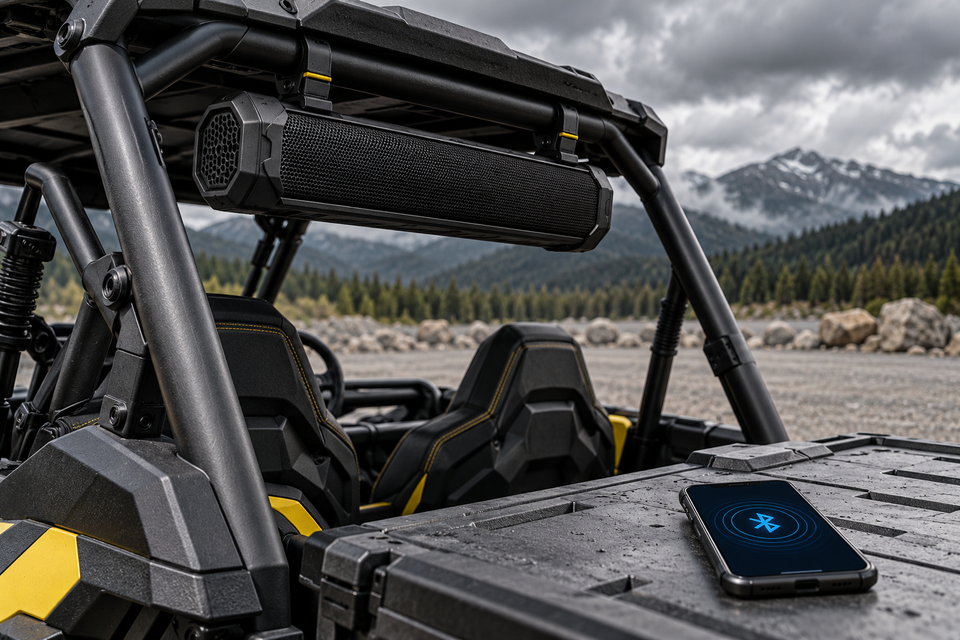 Illustrative parked UTV with a mounted soundbar and a phone showing a Bluetooth symbol on a nearby storage case.