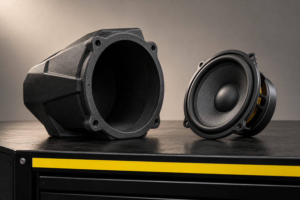 Conceptual empty black speaker enclosure beside a separate speaker driver on a workshop bench with a yellow accent.