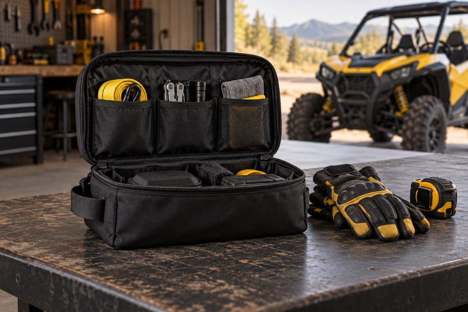 Conceptual open black storage bag, riding gloves and measuring tape on a workshop bench beside a parked yellow UTV.