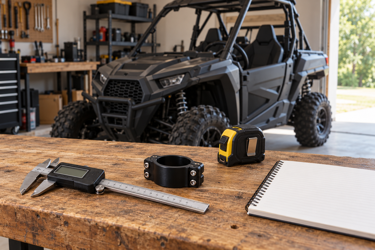 A tube clamp, caliper, tape measure and notebook on a workbench with a parked side-by-side in the background.