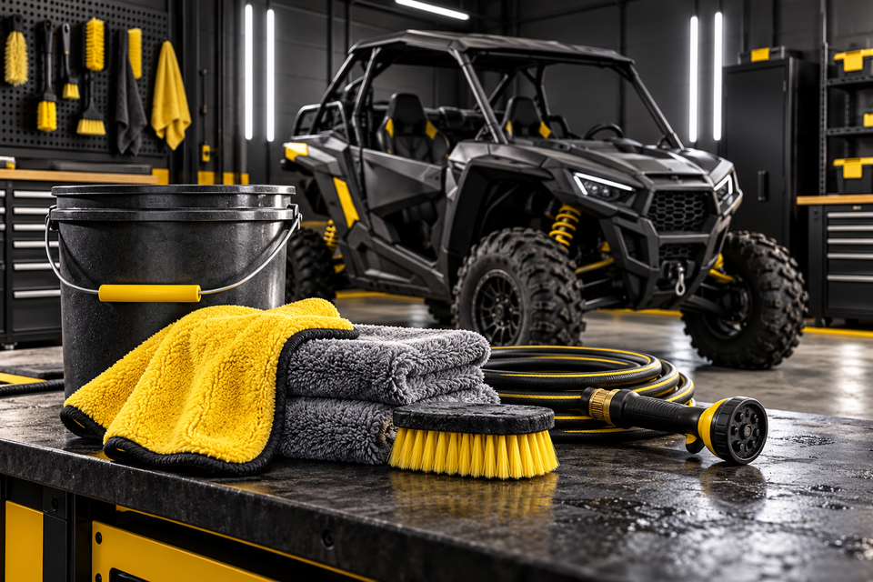 Conceptual workshop scene with a parked generic side-by-side, bucket, cloths, brush and hose in charcoal and yellow.