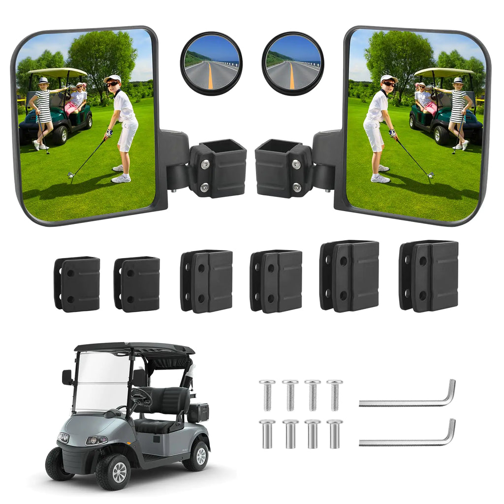 Omgro No Drilling Golf Cart Side Mirrors for EZGO Club Car Yamaha HD Shatterproof Golf Cart Mirrors Side View with Blind Spot Mirrors & 3 Size Clips (Fit 0.75-1.25in Square Rails)