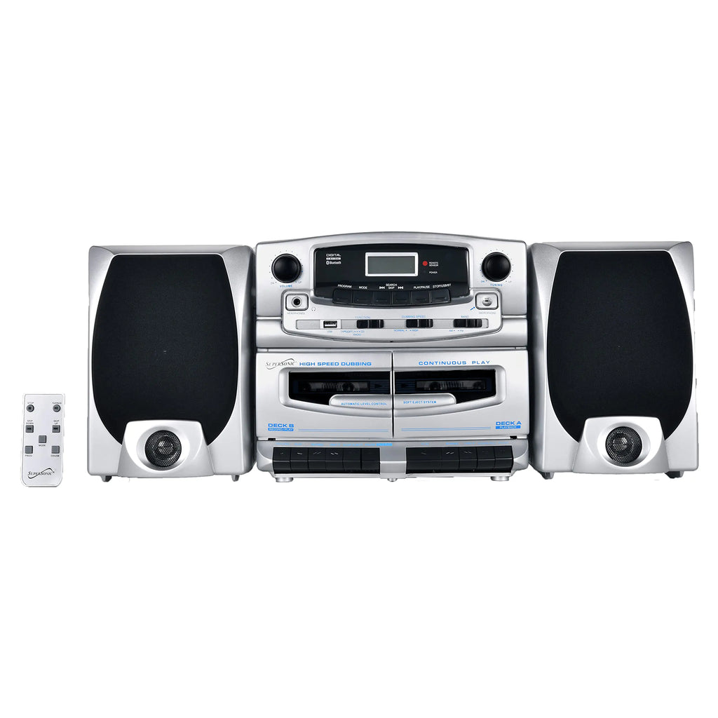 Supersonic SC-2121BT Bluetooth Entertainment Audio System Bluetooth 5.0 op Loading MP3/CD Player AM/FM Radio USB Input Double Cassette Recorder High-Performance Detachable Speakers AC/DC