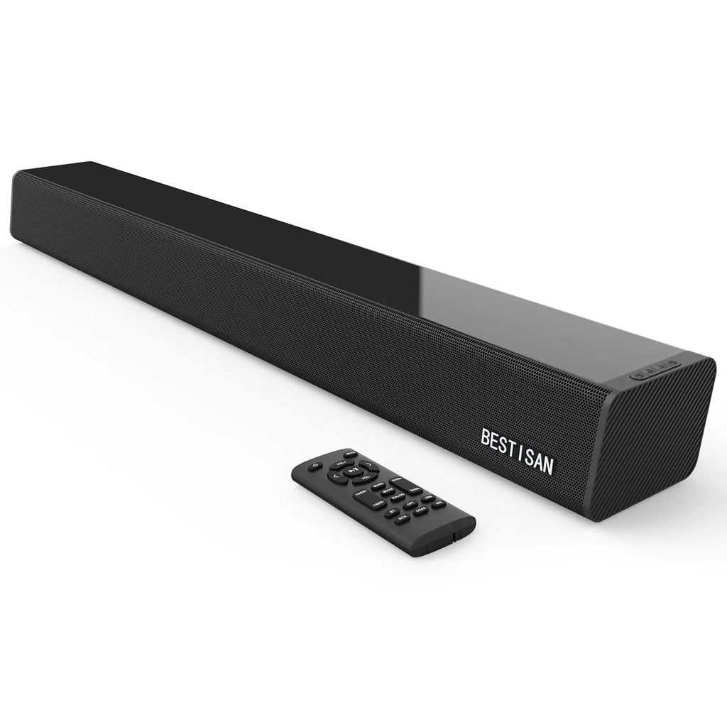 Bestisan Soundbar 28-Inch 80W with HDMI-ARC Bluetooth 5.0 Optical Coaxial USB AUX Connection 4 Speakers 3 EQs 110dB Surround Sound Bar Home Theater Audio Soundbar System for TV