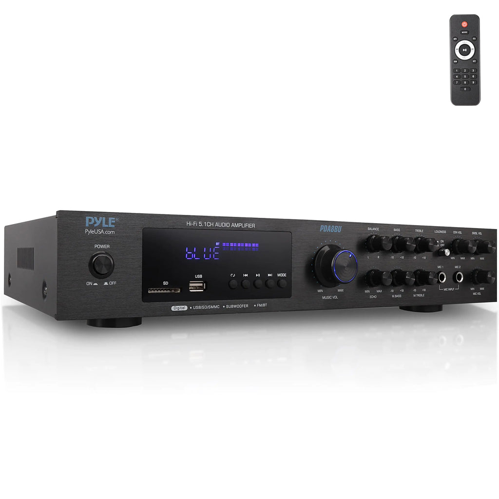 Pyle Home Audio Theater Amplifier w/Bluetooth - 5 Channel Sound Stereo Amp for Home Speakers - Multi-Source 1/4” Audio/Microphone Input MP3/USB/SD/AUX/FM Radio - Remote Control - PDA8BU