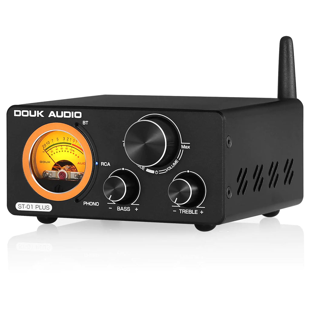 Douk Audio 2 Channel TPA3255 Bluetooth Amplifier 300W x2 Turntable Phono Amp with VU Meter Treble Bass Control for MM Record Players Home Theater Speakers (ST-01 Plus)