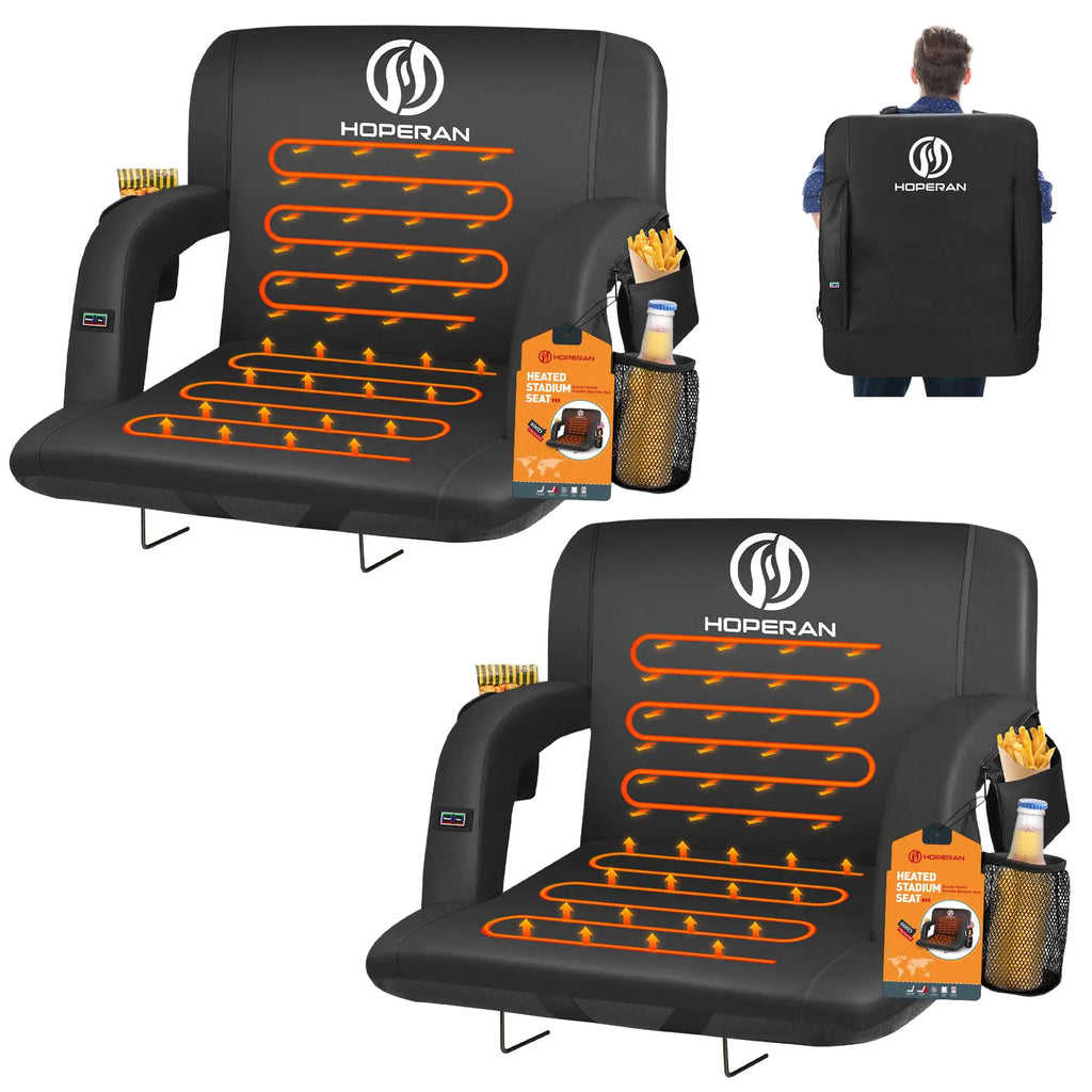 HOPERAN 25" 2pcs Heated Stadium Seats for Bleachers with Back Support 3 Levels Heated Bleacher Seat with Backrest Portable Heated Stadium Chairs with Back and Cushion for Outdoor Games Sports