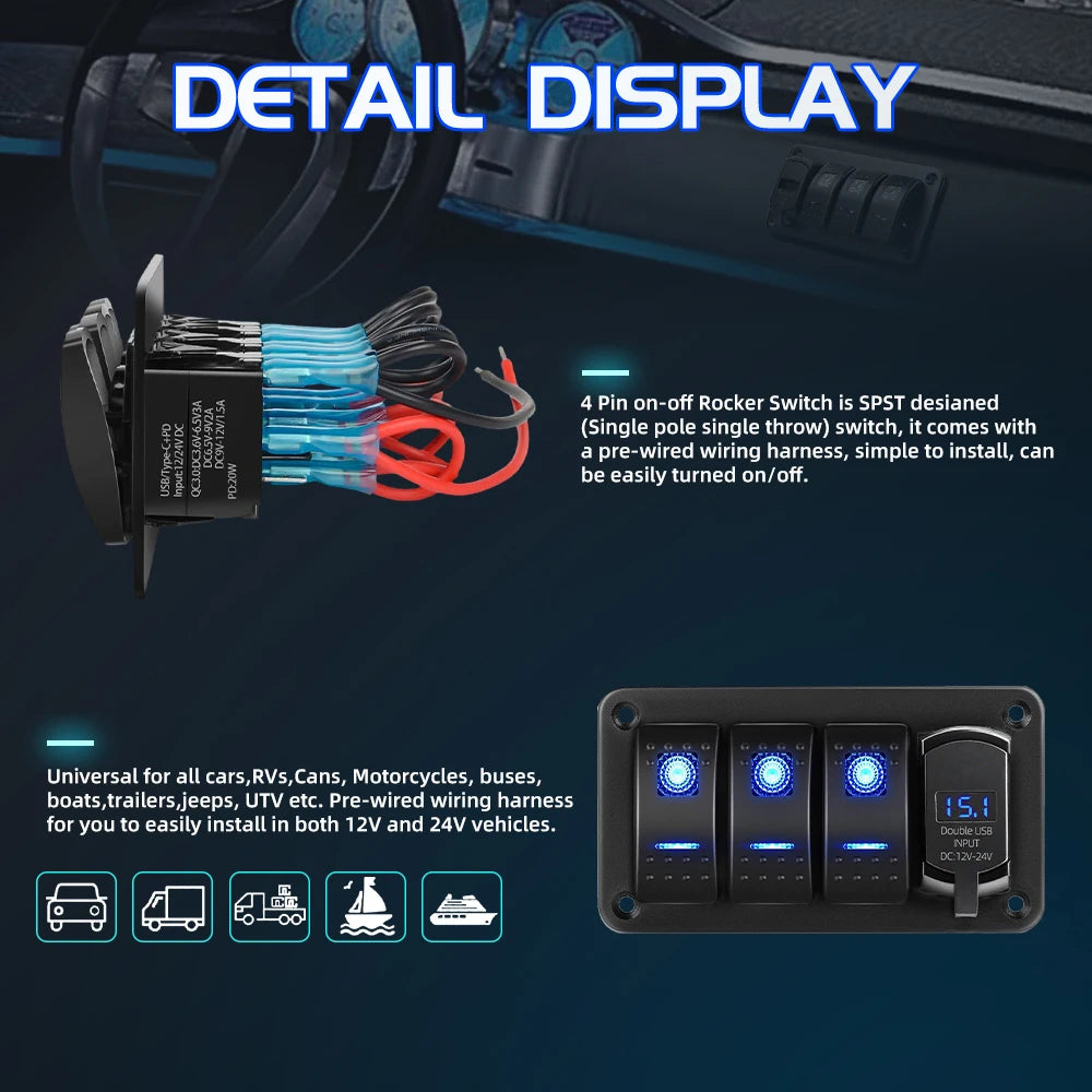 Rocker Switch Panel with USB-C PD (2–5 Gang) for UTV & SXS