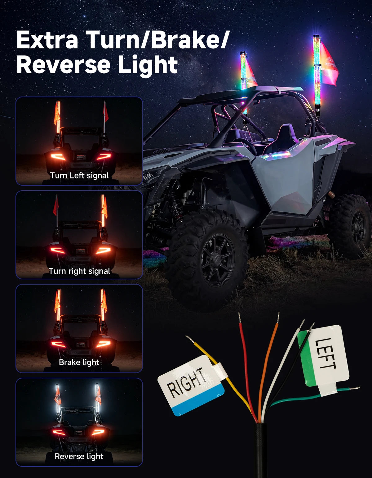 3-Foot RGB Fat LED Whip Lights with Turn, Brake and Reverse for UTV & SXS