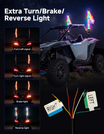 3-Foot RGB Fat LED Whip Lights with Turn, Brake and Reverse for UTV & SXS