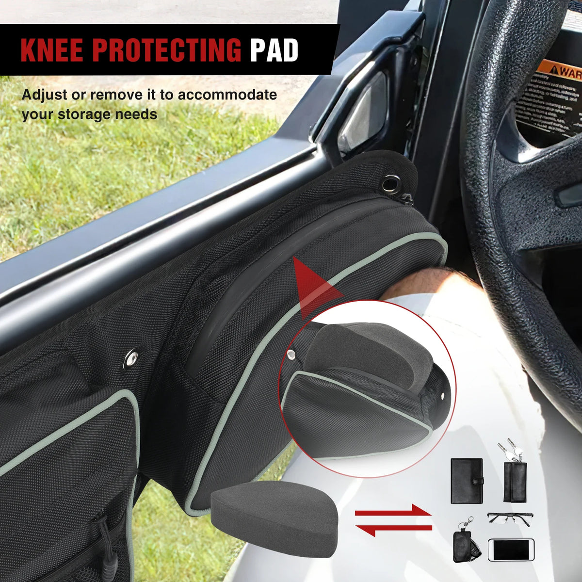 Front Door Storage Bags with Knee Pads and Cup Holder for Polaris RZR XP 1000, RZR XP Turbo & RZR 900