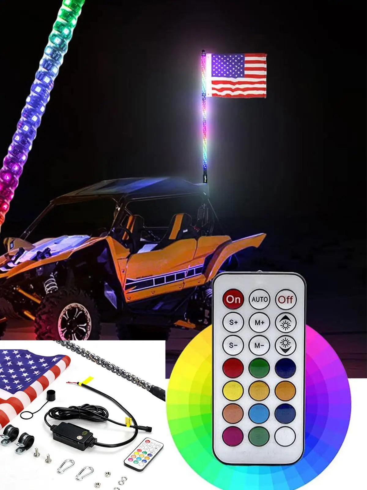 RGB LED Whip Light with RF Remote, 2–5 Foot for UTV & SXS