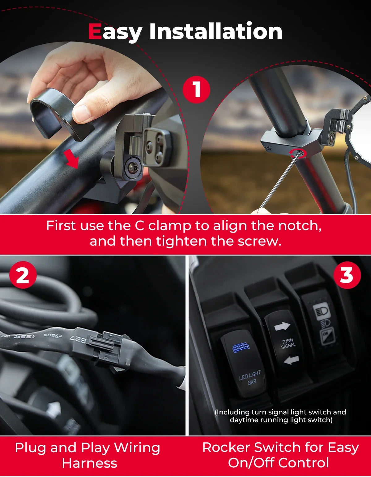 KEMIMOTO LED Side Mirrors with Shatterproof Glass for UTV & SXS