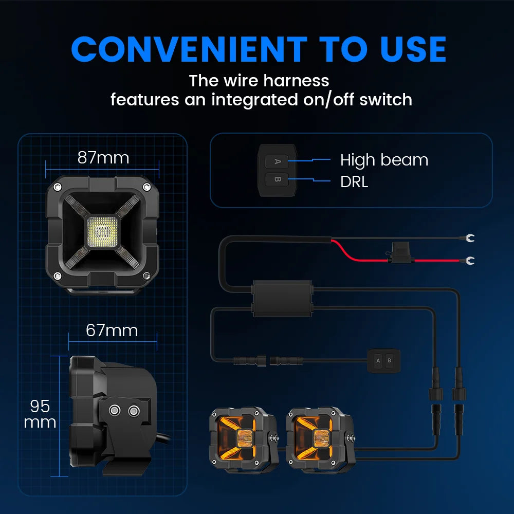 4-Inch Flush Mount LED Pod Lights with Amber DRL for UTV & SXS